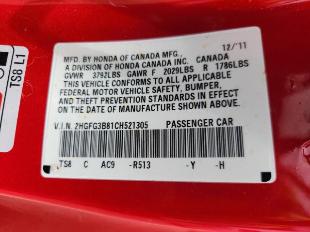 2HGFG3B81CH521305 - 2012 HONDA CIVIC EX RED photo 13