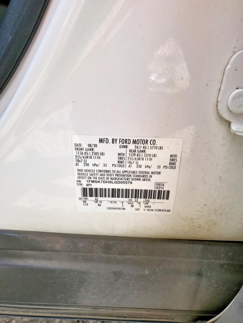 1FMSK7DH0LGD05579 - 2020 FORD EXPLORER XLT WHITE photo 13