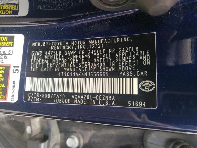 4T1C11AK4NU656665 - 2022 TOYOTA CAMRY LE BLUE photo 12