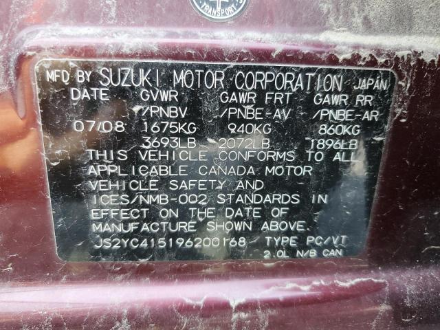 JS2YC415196200168 - 2009 SUZUKI SX4 BURGUNDY photo 12