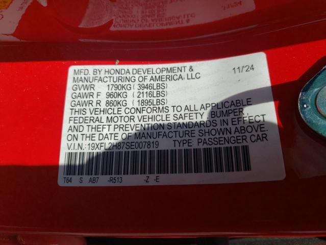 19XFL2H87SE007819 - 2025 HONDA CIVIC SPORT RED photo 12