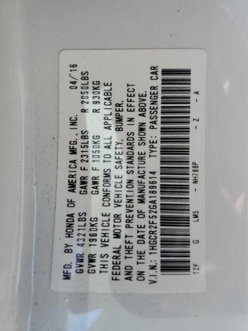 1HGCR2F52GA189614 - 2016 HONDA ACCORD SPORT Weiß Foto 12