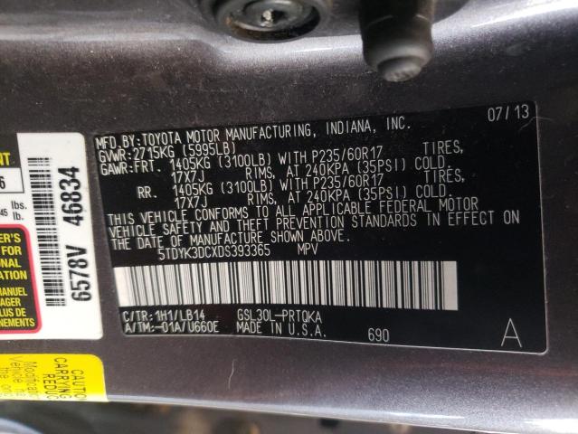 5TDYK3DCXDS393365 - 2013 TOYOTA SIENNA XLE GRAY photo 13