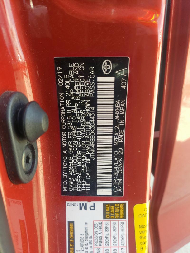 JTNK4RBE0K3044314 - 2019 TOYOTA COROLLA SE Rojo foto 12