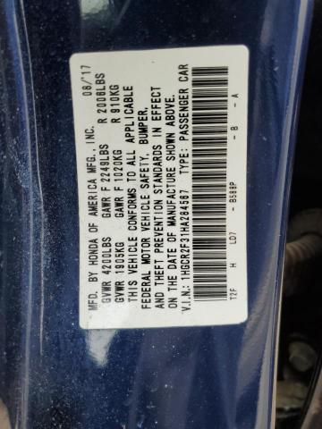 1HGCR2F31HA284567 - 2017 HONDA ACCORD LX BLUE photo 12