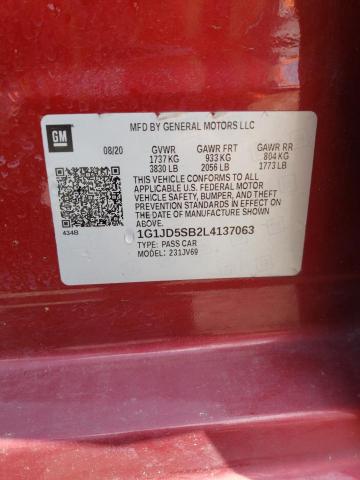 1G1JD5SB2L4137063 - 2020 CHEVROLET SONIC LT RED photo 12