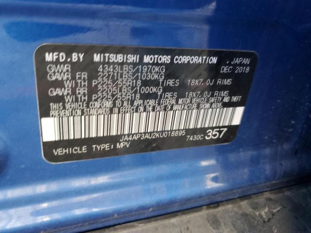 JA4AP3AU2KU018895 - 2019 MITSUBISHI OUTLANDER ES Mavi foto 10
