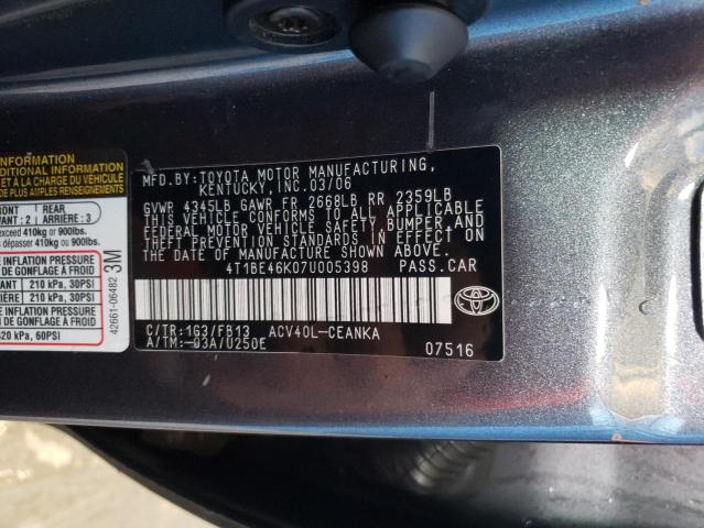 4T1BE46K07U005398 - 2007 TOYOTA CAMRY CE CHARCOAL photo 12