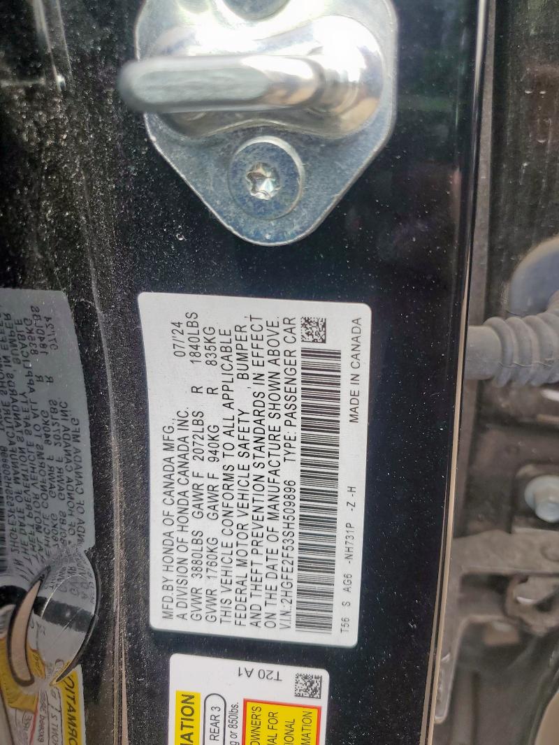 2HGFE2F53SH509896 - 2025 HONDA CIVIC SPORT BLACK photo 12