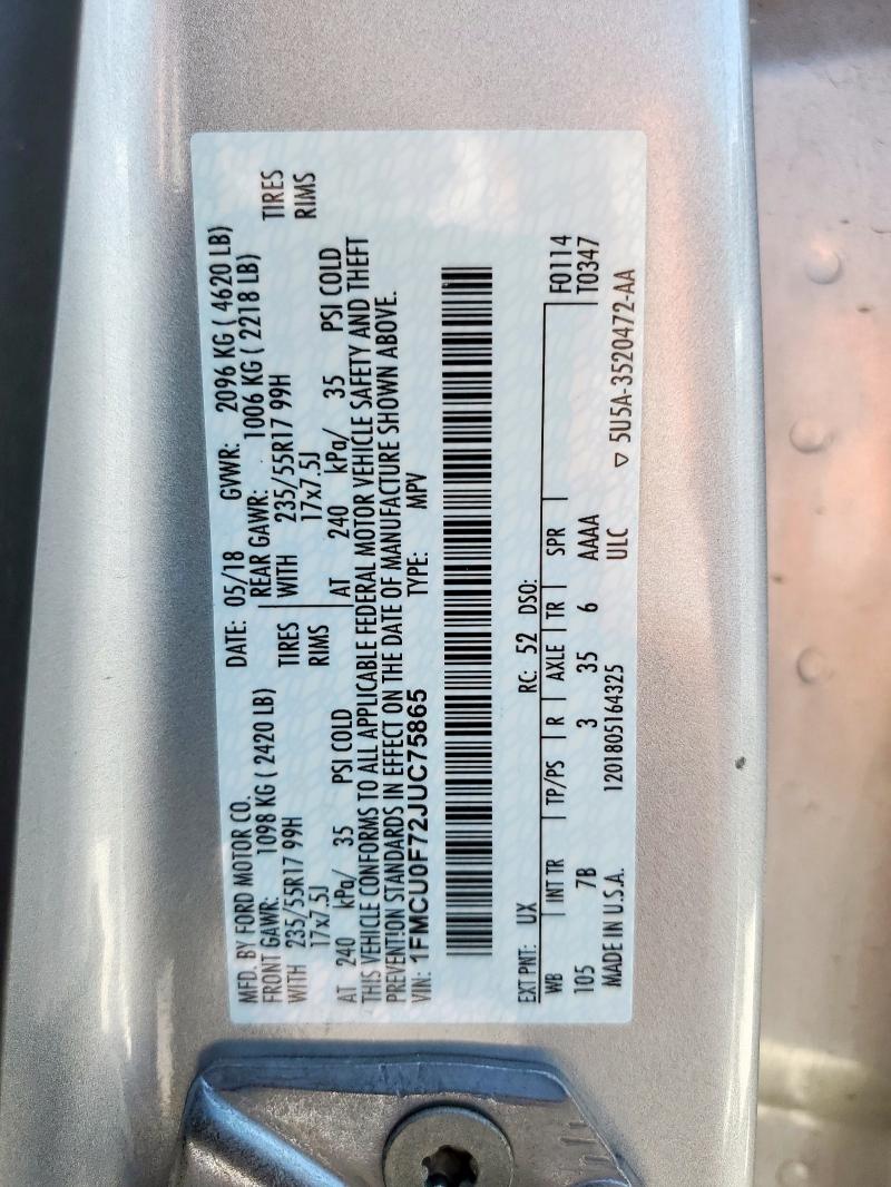 1FMCU0F72JUC75865 - 2018 FORD ESCAPE S 银色 照片 14