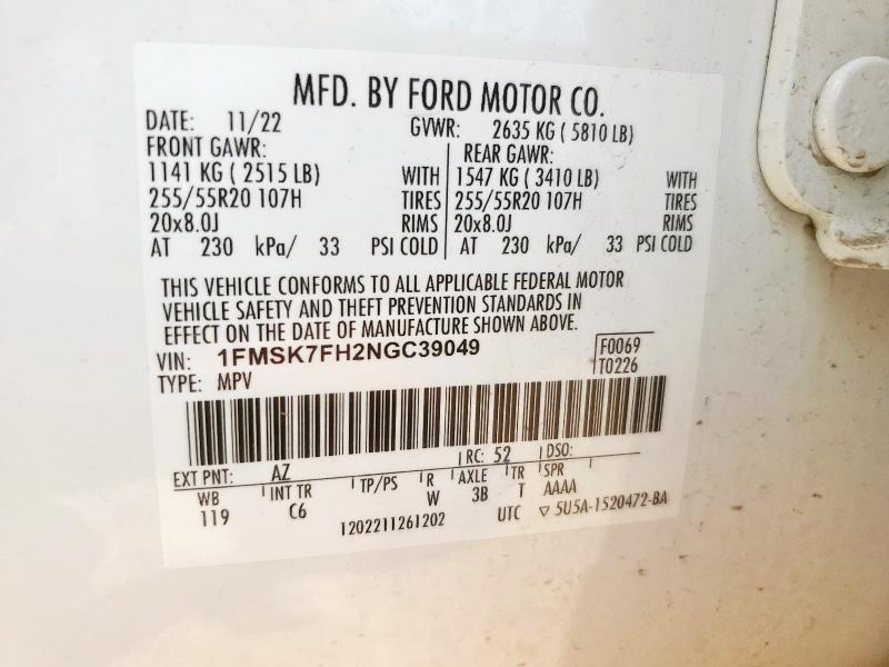 1FMSK7FH2NGC39049 - 2022 FORD EXPLORER LIMITED WHITE photo 13