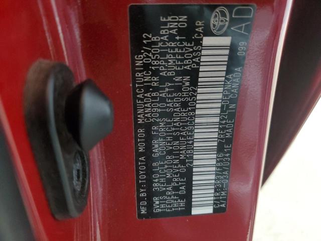 2T1BU4EE9CC810522 - 2012 TOYOTA COROLLA BASE 红色 照片 13