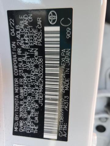 JTDEPMAE2N3022381 - 2022 TOYOTA COROLLA LE თეთრი ფოტო 12