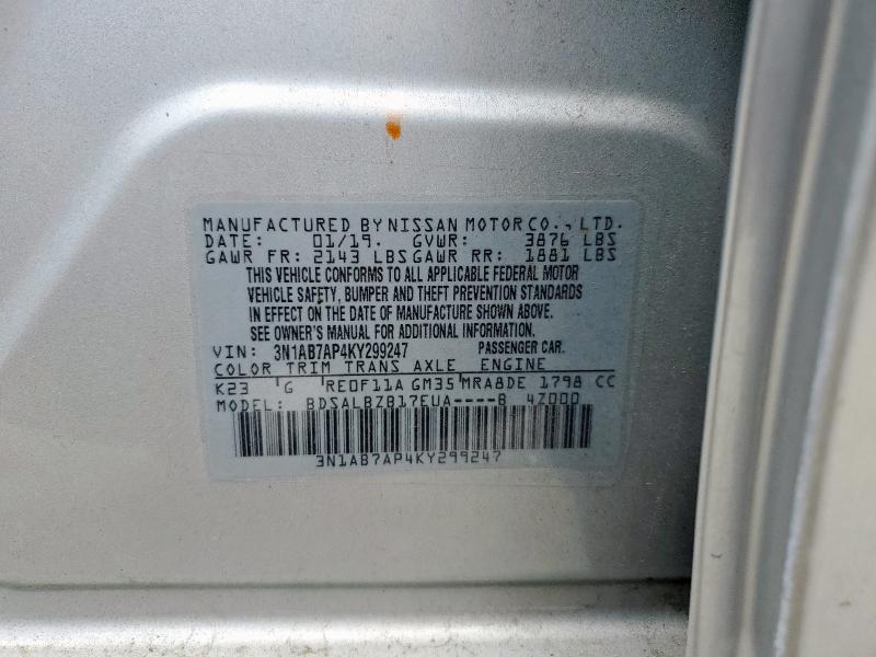 3N1AB7AP4KY299247 - 2019 NISSAN SENTRA S 银色 照片 13