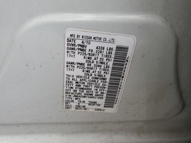 JN8AS5MT2AW021998 - 2010 NISSAN ROGUE S WHITE photo 13