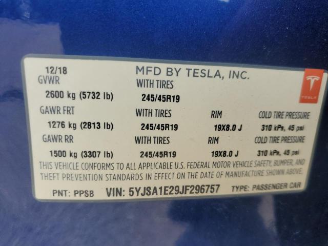 5YJSA1E29JF296757 - 2018 TESLA MODEL S Mavi foto 12