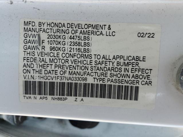 1HGCV1F37NA033098 - 2022 HONDA ACCORD SPORT WHITE photo 13