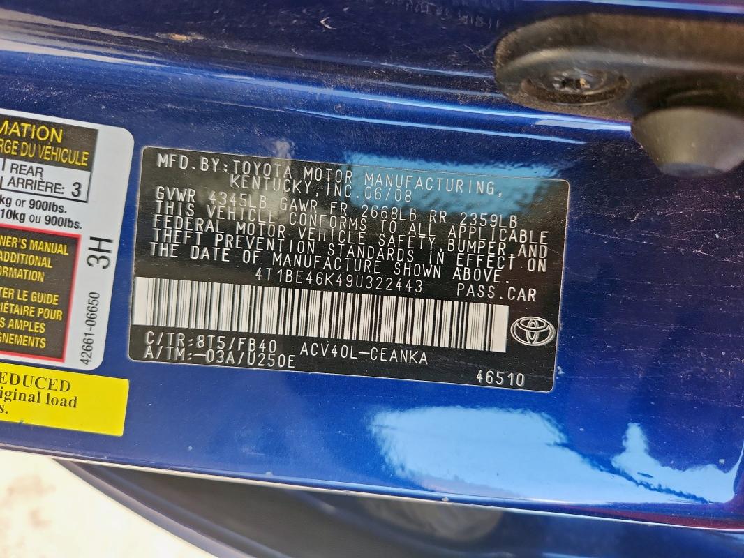 4T1BE46K49U322443 - 2009 TOYOTA CAMRY BASE 蓝色 照片 12