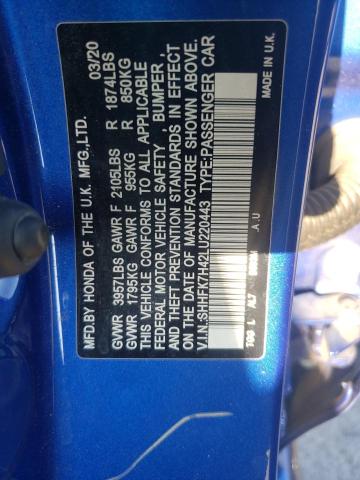 SHHFK7H42LU220443 - 2020 HONDA CIVIC SPORT 蓝色 照片 12