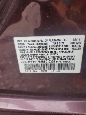 5FPYK1F57BB010350 - 2011 HONDA RIDGELINE RTL MAROON photo 24