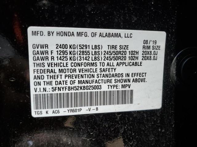 5FNYF8H52KB025003 - 2019 HONDA PASSPORT EXL أسود صورة 13