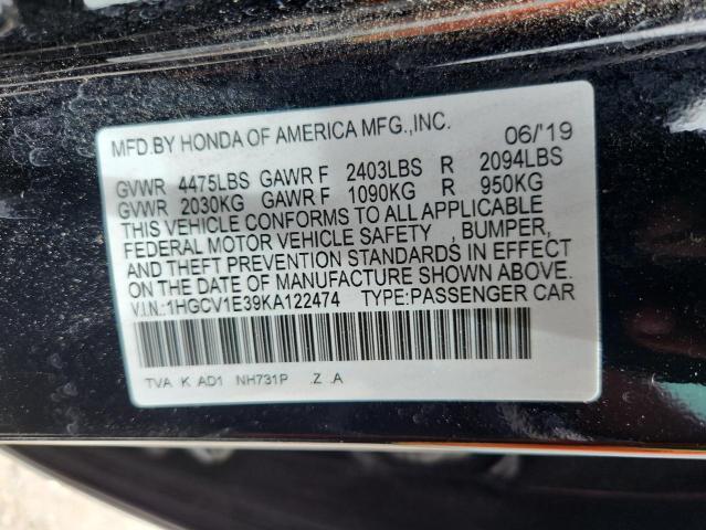 1HGCV1E39KA122474 - 2019 HONDA ACCORD SPORT BLACK photo 12