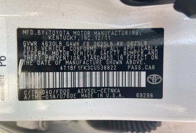 4T1BF1FK3CU538822 - 2012 TOYOTA CAMRY BASE WHITE photo 10