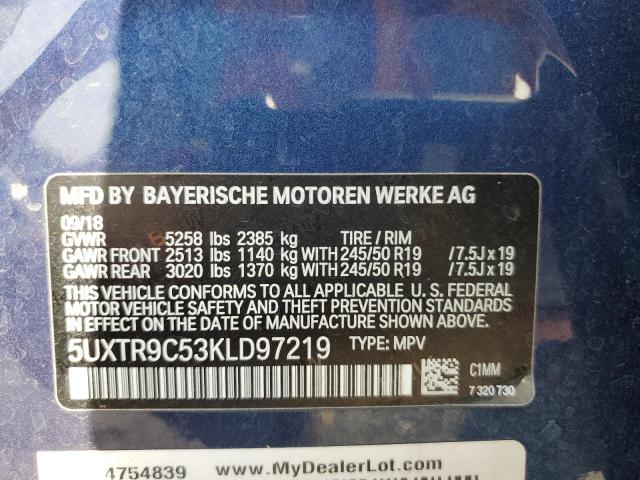 5UXTR9C53KLD97219 - 2019 BMW X3 XDRIVE30I BLUE photo 13