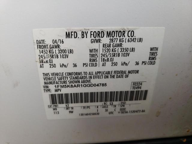 1FM5K8AR1GGD04785 - 2016 FORD EXPLORER POLICE INTERCEPTOR 白色 照片 13