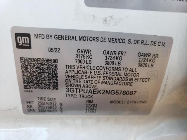 3GTPUAEK2NG578087 - 2022 GMC SIERRA K1500 WHITE photo 12