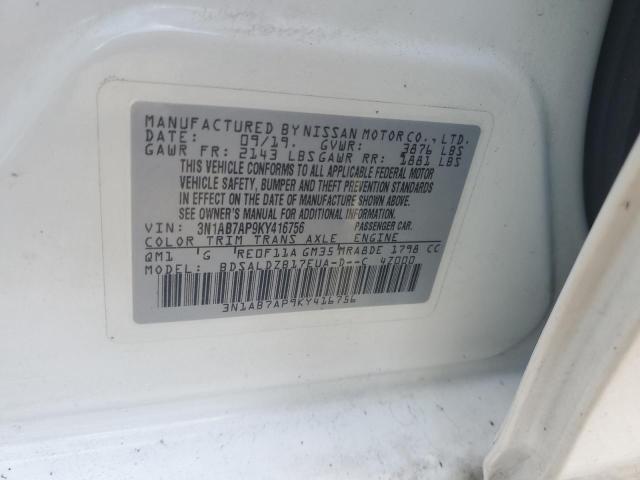 3N1AB7AP9KY416756 - 2019 NISSAN SENTRA S WHITE photo 12