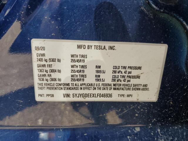 5YJYGDEEXLF046936 - 2020 TESLA MODEL Y BLUE photo 12