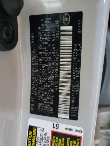 4T1C11AK8NU046977 - 2022 TOYOTA CAMRY LE WHITE photo 12