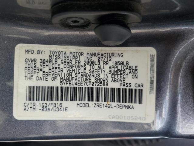 5YFBU4EE7CP072588 - 2012 TOYOTA COROLLA BASE Boz foto 13