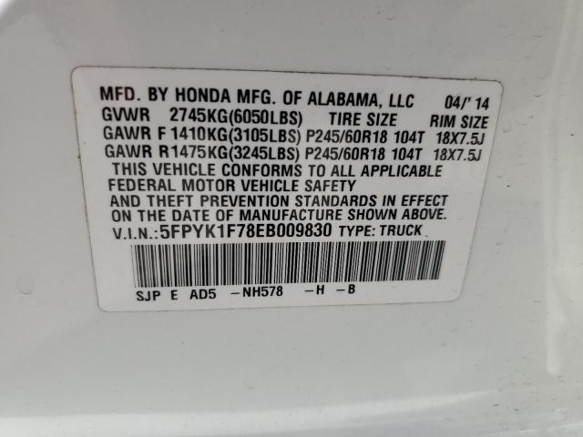 5FPYK1F78EB009830 - 2014 HONDA RIDGELINE SPORT WHITE photo 12