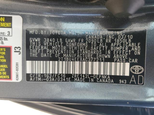 2T1BU4EEXAC377211 - 2010 TOYOTA COROLLA BASE 灰色 照片 12