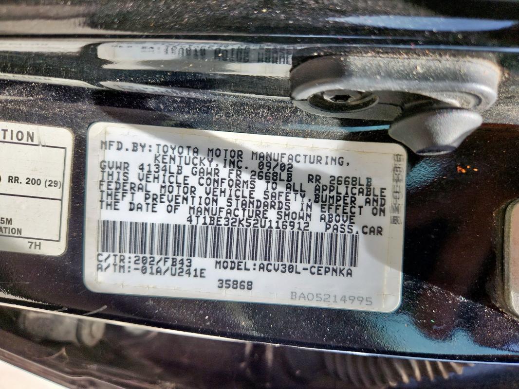 4T1BE32K52U116912 - 2002 TOYOTA CAMRY LE BLACK photo 12