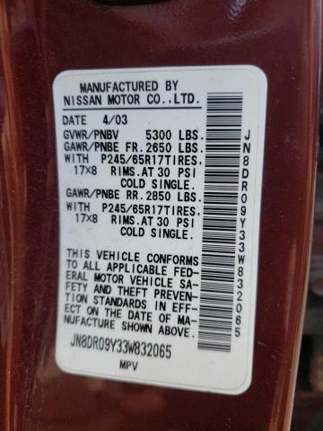 JN8DR09Y33W832065 - 2003 NISSAN PATHFINDER LE MAROON photo 12
