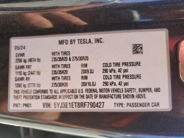 5YJ3E1ET8RF790427 - 2024 TESLA MODEL 3 CHARCOAL photo 12