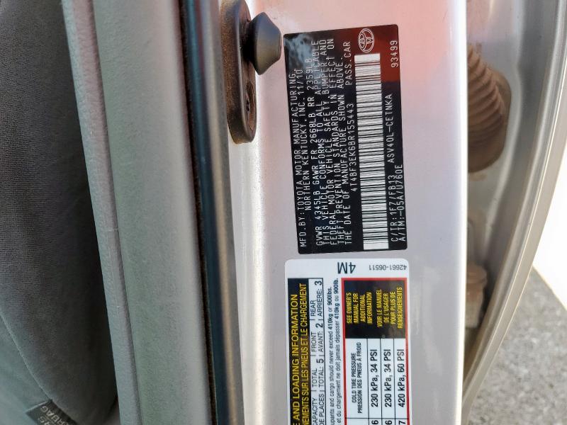 4T4BF3EK6BR155443 - 2011 TOYOTA CAMRY BASE SILVER photo 12