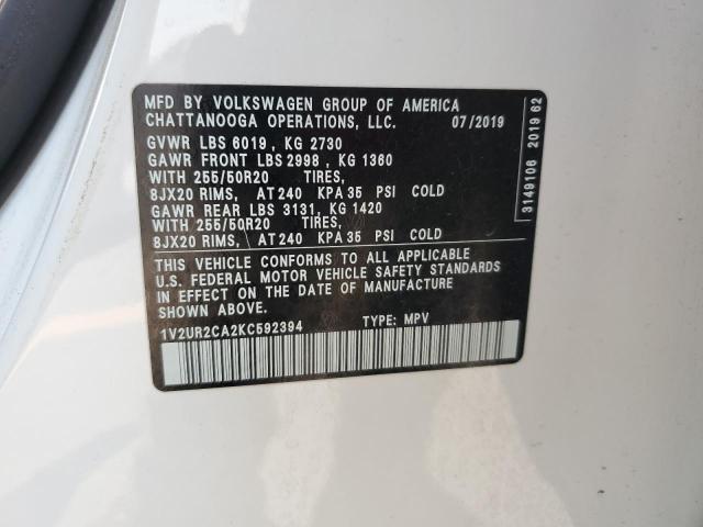 1V2UR2CA2KC592394 - 2019 VOLKSWAGEN ATLAS SE Ақ фото 13