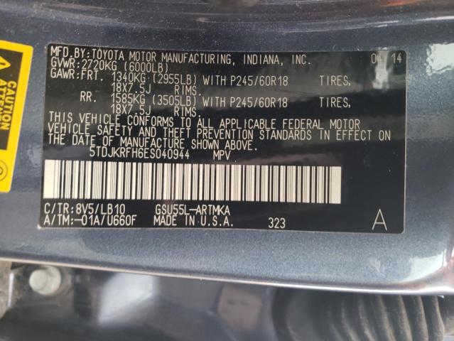 5TDJKRFH6ES040944 - 2014 TOYOTA HIGHLANDER XLE Կապույտ լուսանկար 13