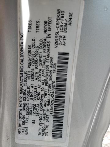 5TESN92N14Z439270 - 2004 TOYOTA TACOMA XTRACAB PRERUNNER Күміс фото 12