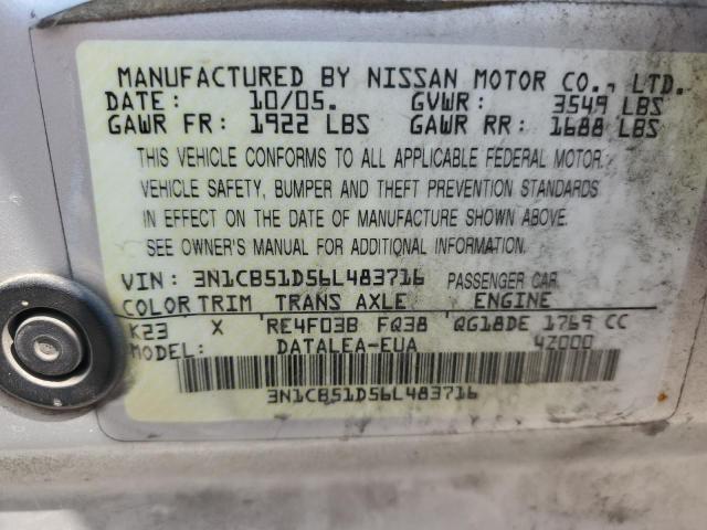 3N1CB51D56L483716 - 2006 NISSAN SENTRA 1.8 SILVER photo 12