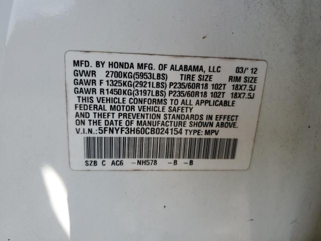 5FNYF3H60CB024154 - 2012 HONDA PILOT EXL WHITE photo 13