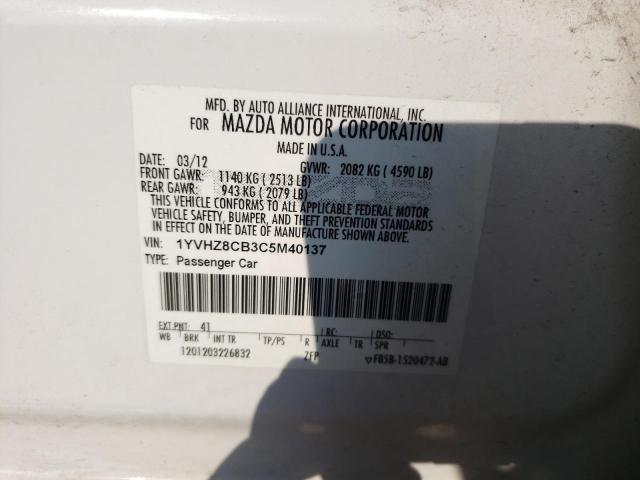 1YVHZ8CB3C5M40137 - 2012 MAZDA 6 S WHITE photo 12