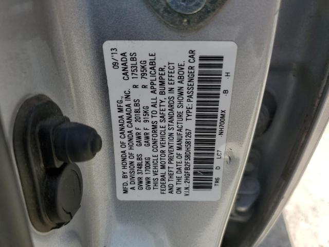 2HGFB2F58DH581267 - 2013 HONDA CIVIC LX ვერცხლისფერი ფოტო 12