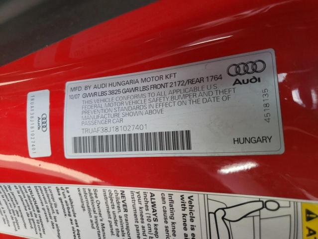 TRUAF38J181027401 - 2008 AUDI TT 2.0T RED photo 12