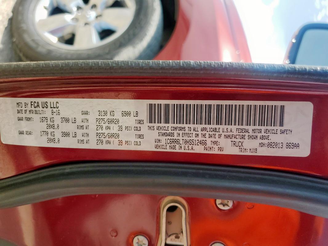 1C6RR6LT0HS512466 - 2017 RAM 1500 SLT BURGUNDY photo 12