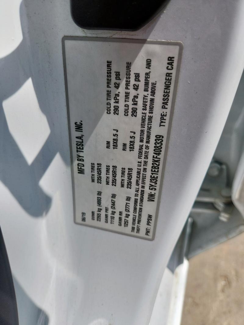 5YJ3E1EB2KF408339 - 2019 TESLA MODEL 3 WHITE photo 12